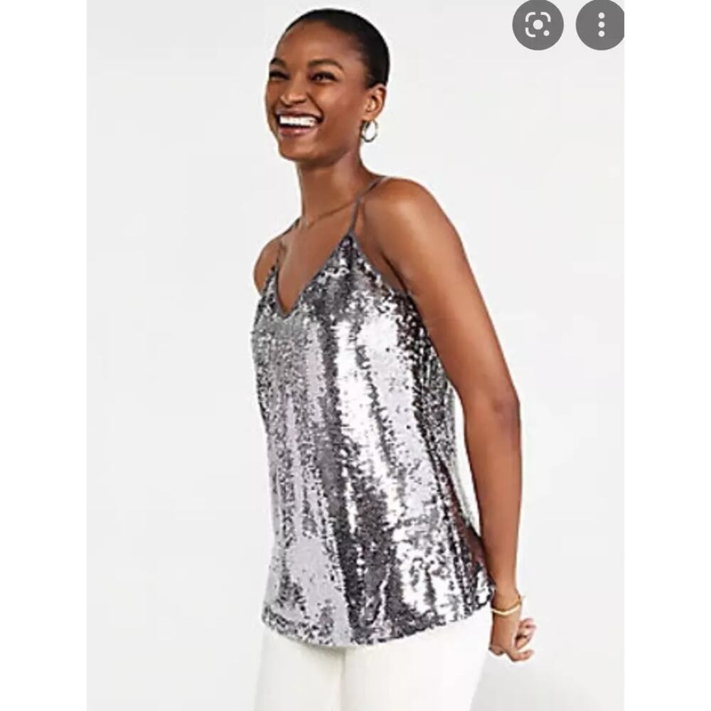 Ann Taylor Women's Sequin Embellished V Neck Cami Tank Top Camisole Silver SZ L